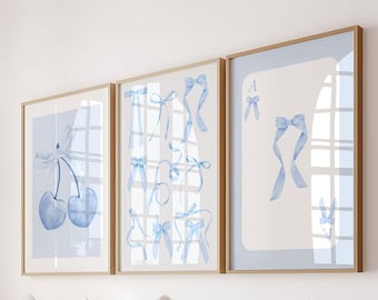 Set of 3 Coquette Light Blue Bows Disco Ball Trendy Printable Gallery Wall,Preppy Blue Dorm Room Apartment Nursery Decor Poster Digital Art