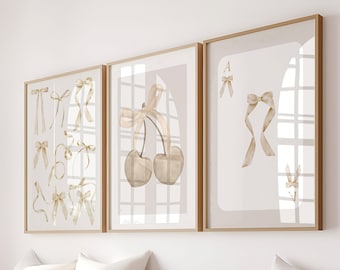 Set of 3 Beige Neutral Coquette Bows Trendy Dorm Nursery College Room Wall Art Set, Preppy Neutral Playing Card Y2K Minimalist Poster