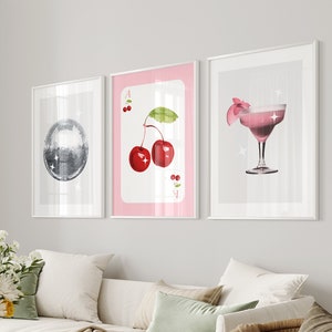 3er Set Retro Funky Disco Dekor Y2K Ästhetischer Obst Drink Disco Ball College Dorm Wand Kunst Druck Set, Kirsche Spielkarte Studentenwohnheim Poster
