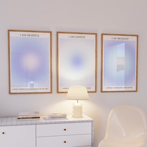 Set of 3 Soft Blue Affirmation Self Love Aura Gradient Posters, Dorm Room Digital Pastel Blue Aura Spiritual Trendy Gallery Wall Art Prints