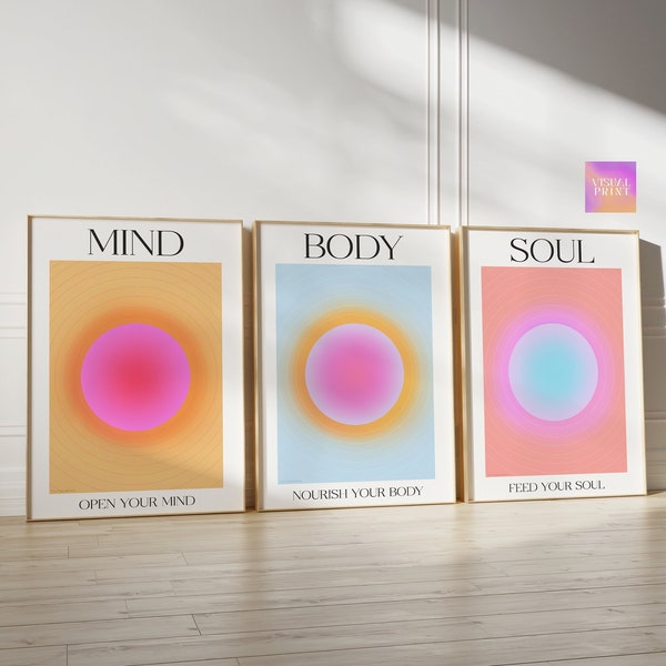 Mind Body Soul Positive Aura Gradient Set of 3 Wall Art Posters, Digital Download Trendy Aura Spiritual Wall Art Gallery Set Prints