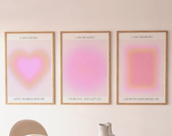 Set of 3 Pastel Aura Gradient Pink Self Love Growth Affirmation Mind Body Soul Poster, Digital Art Aura Trendy Poster Set Spiritual Wall Art