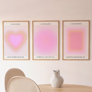 Set of 3 Pastel Aura Gradient Pink Self Love Growth Affirmation Mind Body Soul Poster, Digital Art Aura Trendy Poster Set Spiritual Wall Art