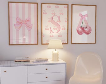Set of 3 Coquette Custom Initial Stripe Bows Cherry Wall Art (Unframed Prints)