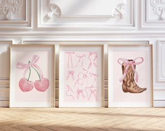 Set of 3 Coquette Pink Bows Girly Cherry Cowboy Boot Trendy Digital Gallery Art Prints, Girly Watercolour Dorm Room Apartment Printable Art