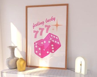 Pink Feeling Lucky Dice Funky Retro Orange Preppy Aesthetic Dorm Room Apartment Wall Art Print, Aesthetic Girly Y2K Style Trendy Poster