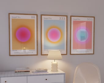 Póster de pared con números de ángel originales (111, 222 y 333), impresión artística, energía angelical con aura degradada, arte de pared moderno, decoración de dormitorio, póster imprimible