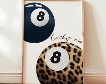 Marineblauwe Cheetah Leopard Lucky 8 Ball Wall Art Trendy print, appartement retro preppy dierenprint feestmeisje kunst aan de muur, digitale download prints