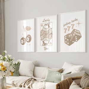Set di 3 poster retrò alla moda beige estetici Ace Card Cherry Lucky You, poster estetici funky good times neutri preppy Y2K