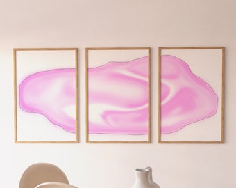 Set of 3 Stretched Trendy Pink Aura Gradient Poster Wall Art, Printable Set of 3 Wavy Pink Pastel Gradient Dorm Decor Print Set