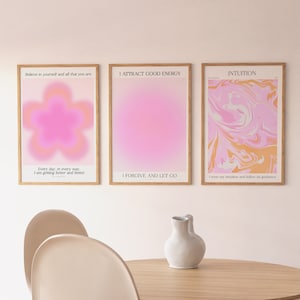 Set van 3 intuïtie goede energie zelfliefde bevestiging aura poster, aura gradiënt muur kunst spirituele college slaapzaal pastel roze poster set