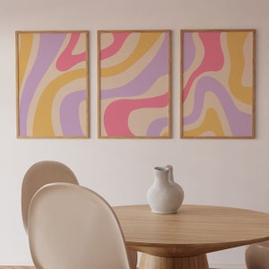 Set of 3 Groovy Retro Pastel Wavy Swirl Dorm Aesthetic Wall Art, Printable 70's 80's Colourful Swirl Liquid Trippy Retro Home Decor Prints