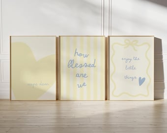 Set of 3 Butter Yellow Pastel Stripe Heart Wall Art (Digital Download Prints)