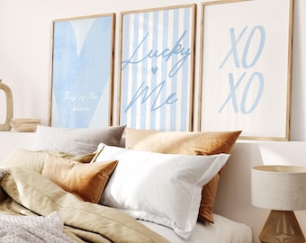 Set of 3 Lucky Me Blue Preppy Stripe Dorm Wall Art (Unframed Prints)