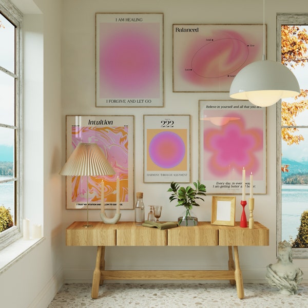 Set of 5 Aura Gradient Wall Art Poster Set, Self Love Affirmation Pink Pastel College Dorm Coquette Angel Positive Energy Wall Art Gallery
