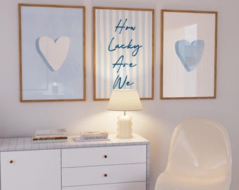 Set of 3 Hearts How Lucky are we Blue Dorm Wall Art (Digital Download)