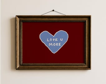 Love you more Red Blue Heart Horizontal Neutral Beige Hand Drawn Wall Art, Trendy Heart Quote Print (Digital Download)
