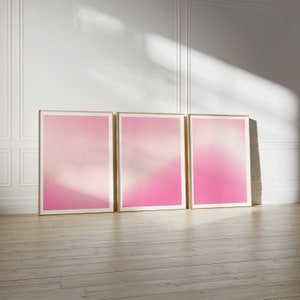 Ensemble de 3 affiches murales de galerie d&#39;art, rose pastel dégradé rose pâle, dortoir coquette rose pastel dégradé de mer, verre, ensemble de 3 impressions