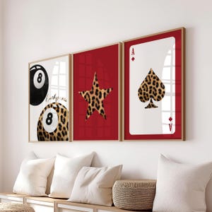 Set of 3 Red Leopard Trendy Star Lucky 8 Ball Print, Dorm Apartment Girls Aesthetic Posters, Cheetah Animal Print Gallery Wall Set