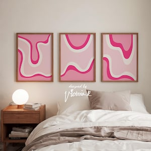 Juego de 3 pósteres digitales con degradado rosa intenso retro de los años 70, impresiones artísticas abstractas bohemias de estética Y2K para dormitorio de verano