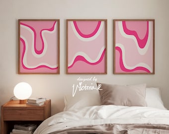 Set of 3 70&#39;s Retro Hot Pink Gradient Digital Poster, Summer Printable Pink Y2K Aesthetic Trendy Boho Abstract Dorm Apartment Art Print
