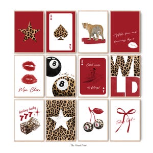 Set of 12 Leopard Red Trendy Aesthetic Print Mega Bundle, Lucky 8 Ball Cheetah Star Maximalist Wall Art Prints, Preppy Dorm Digital Prints