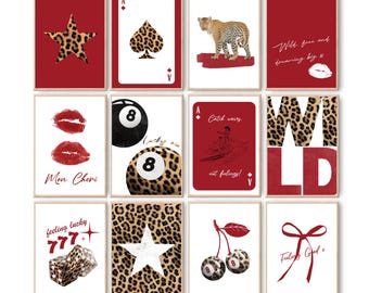 Set of 12 Leopard Red Trendy Aesthetic Print Mega Bundle, Lucky 8 Ball Cheetah Star Maximalist Wall Art Prints, Preppy Dorm Digital Prints