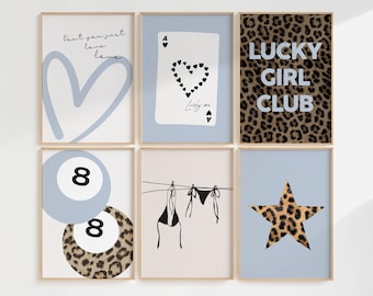 Set of 6 Blue Leopard Trendy Aesthetic Print Bundle, Lucky 8 Ball Cheetah Star Maximalist Wall Art Prints, Preppy Retro Dorm Digital Prints