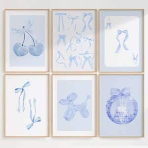Set van 6 flirt lichtblauwe strikken discobal trendy afdrukbare galerijmuur, preppy blauwe slaapzaal appartement kinderkamer decor poster digitale kunst