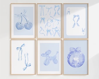 Set of 6 Coquette Light Blue Bows Disco Ball Trendy Printable Gallery Wall,Preppy Blue Dorm Room Apartment Nursery Decor Poster Digital Art