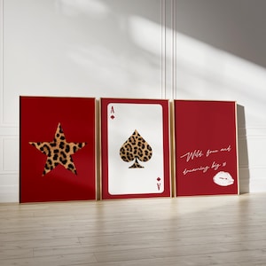 Set of 3 Red Leopard Trendy Star Lucky 8 Ball Print, Dorm Apartment Girls Aesthetic Posters, Cheetah Animal Print Gallery Wall Set