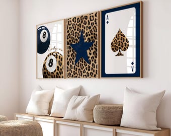 Set of 3 Leopard Navy Aesthetic Star Lucky 8 Ball Print Set, Dorm Cheetah Leopard Animal Print Star Navy Retro Wall Art Digital Download