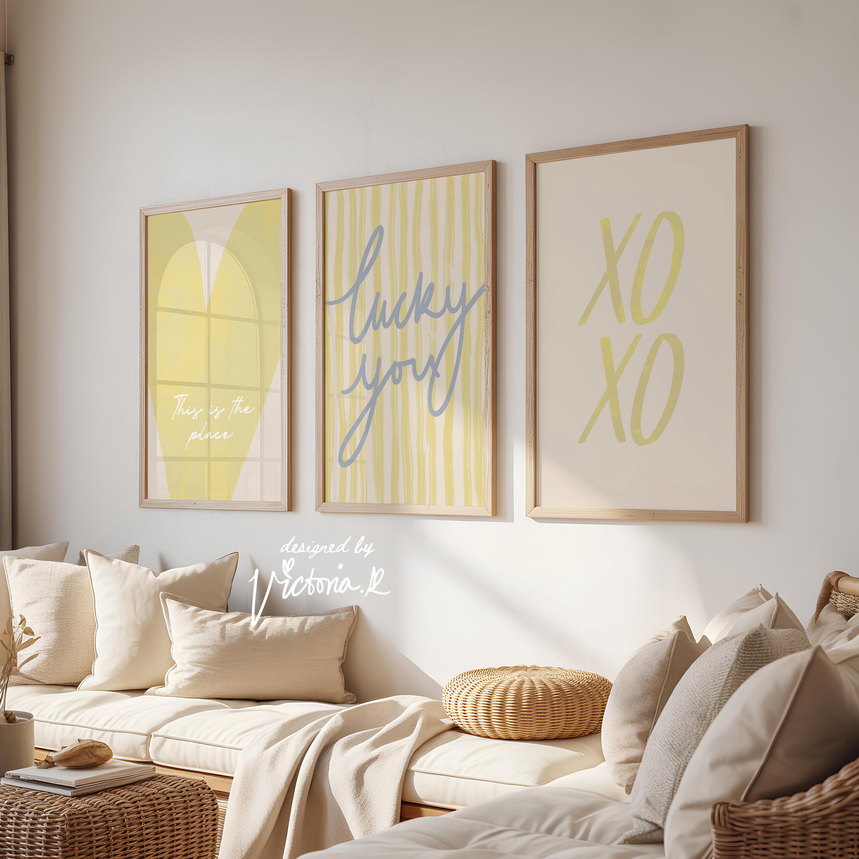 Lucky You Butter Yellow Stripe Hand Drawn Set of 3 Wall Art | Heart Quote Poster | Dorm Aesthetic Rustic Kitchen Art | Digital Download Set