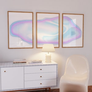 Set of 3 Stretched Blue Trendy Aura Gradient Poster Wall Art, Printable Set of 3 Wavy Pastel Gradient Dorm Decor Print Set