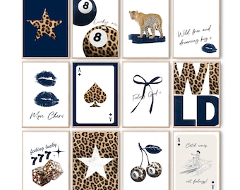 Set of 12 Navy Leopard Trendy Aesthetic Print Bundle, Lucky 8 Ball Cheetah Star Maximalist Wall Art Prints, Preppy Retro Dorm Digital Prints