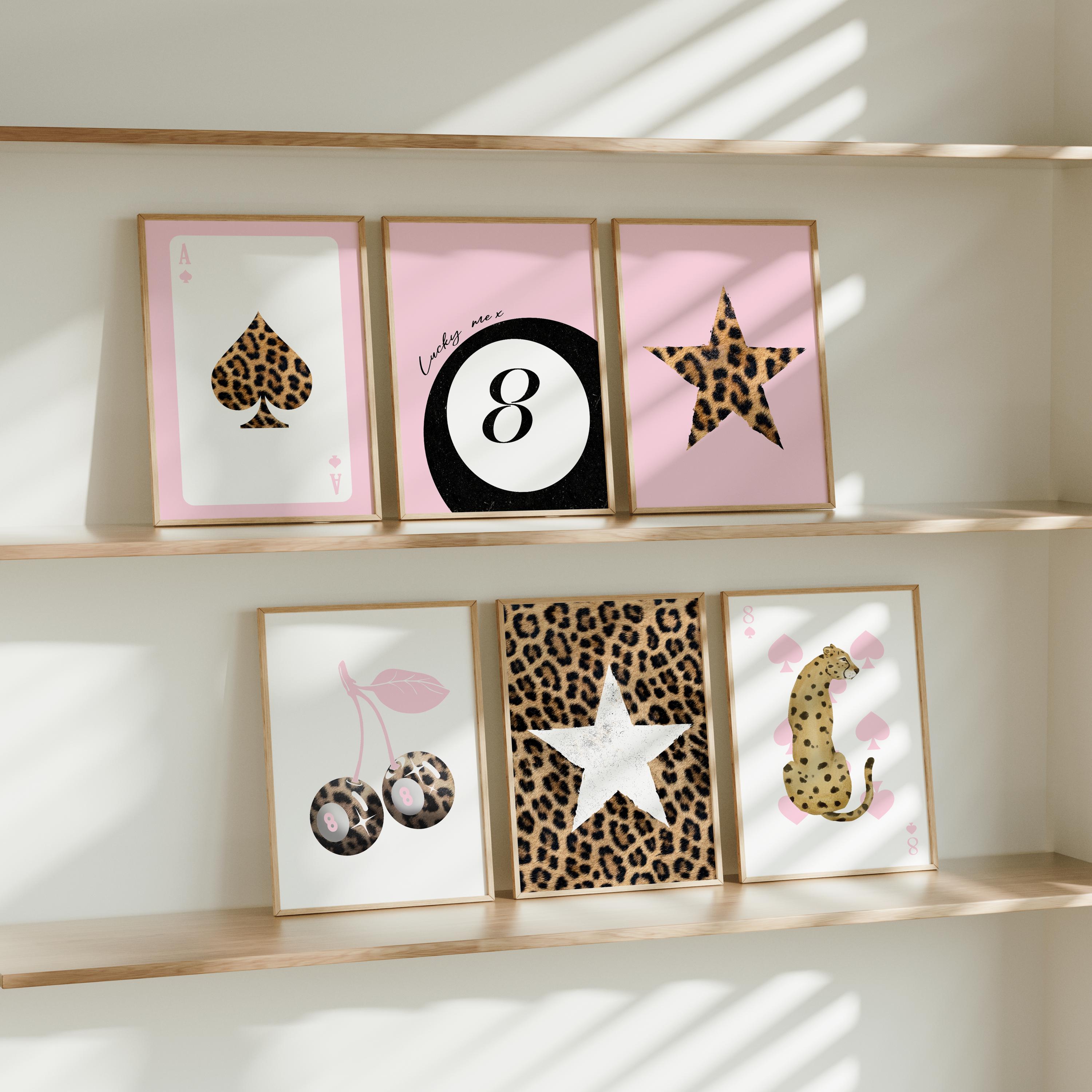 Linilioart Preppy roze luipaard muurkunst set van 3 sterren Linilioart Preppy roze luipaard muurkunst set van 3 sterren
