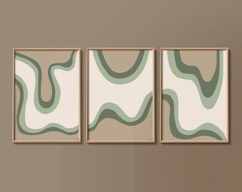 Set of 3 Beige Wasabi Green Colour Gradient Home Decor Wall Art Prints, Summer printable wall art prints, Mid century Boho abstract prints