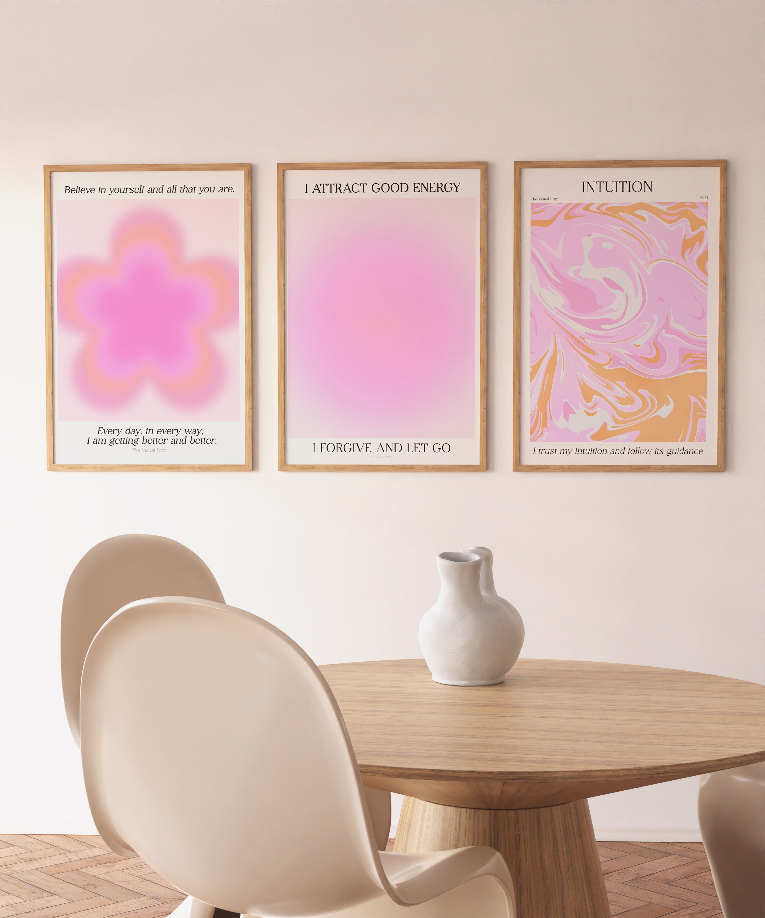 Set of 3 Intuition Good Energy Self Love Affirmation Aura Poster, Aura Gradient Wall Art Spiritual College Dorm Pastel Pink Poster Set