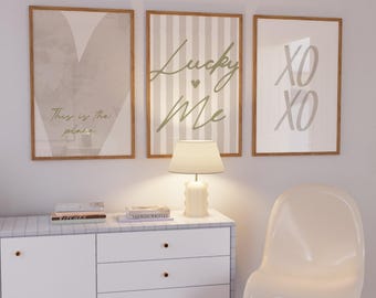 Set of 3 Lucky Me Beige Sage Green Stripe Wall Art (Digital Download Prints)