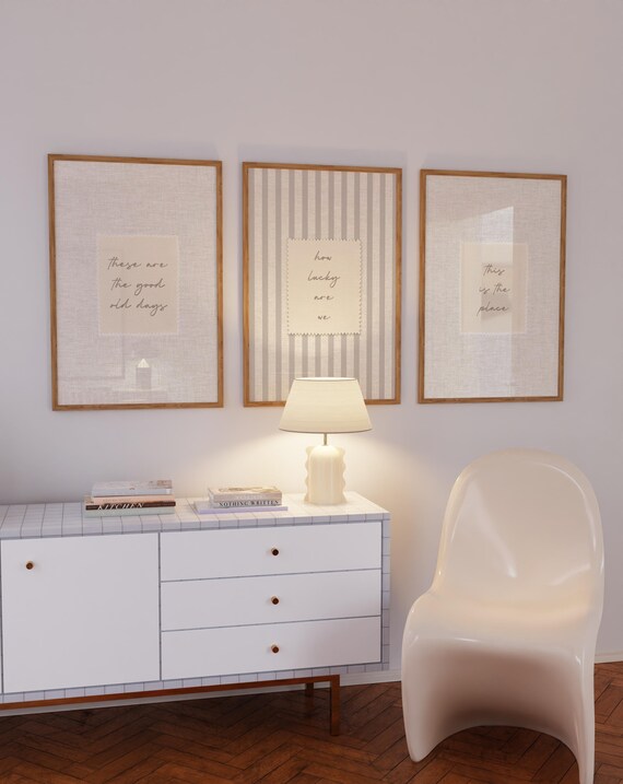 Set of 3 Beige Linen Quotes Lucky us, This is the place, Best yet to come Wall Art Prints (Digital Download)