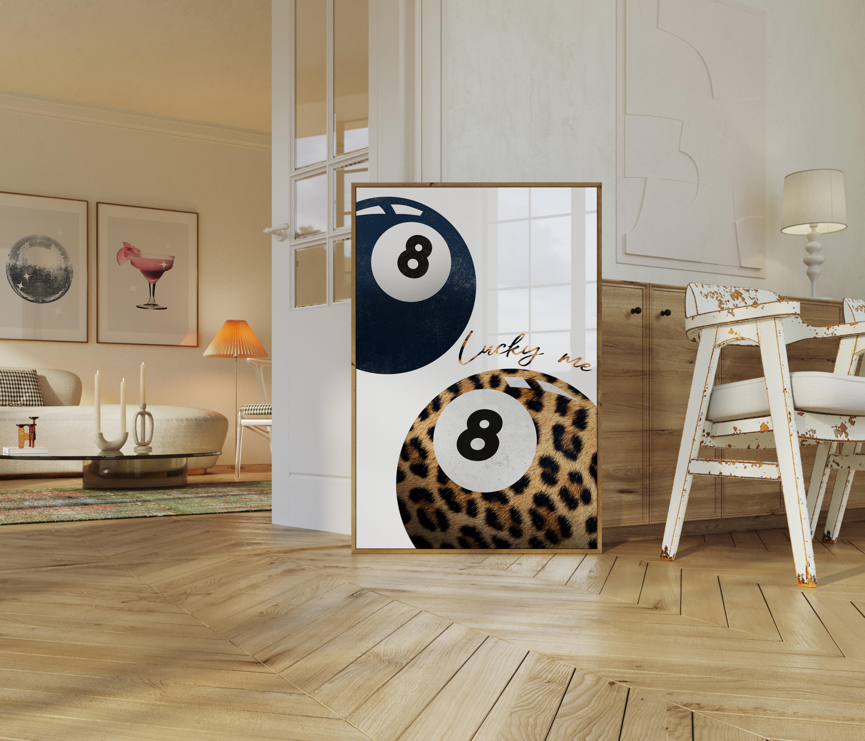Navy Cheetah Leopard Lucky 8 Ball Wall Art Trendy Print, Apartment