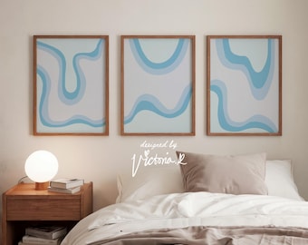 Set of 3 Summer Abstract Cool Light Blue Colour Gradient Melt Wave Abstract Print Wall Art Set, 70&#39;s Retro Printable abstract set of 3 print