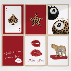 Set of 6 Red Leopard Wall Art Prints, Dorm Apartment Aesthetic Cheetah Prints, Trendy Preppy Digital Download Girly Lucky Wall Art