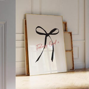 Bow Coquette Preppy Retro Aesthetic Print, Black Bow Party Girl Boho Neutral Wall Art, Beige Dorm Apartment Digital Download Wall Art