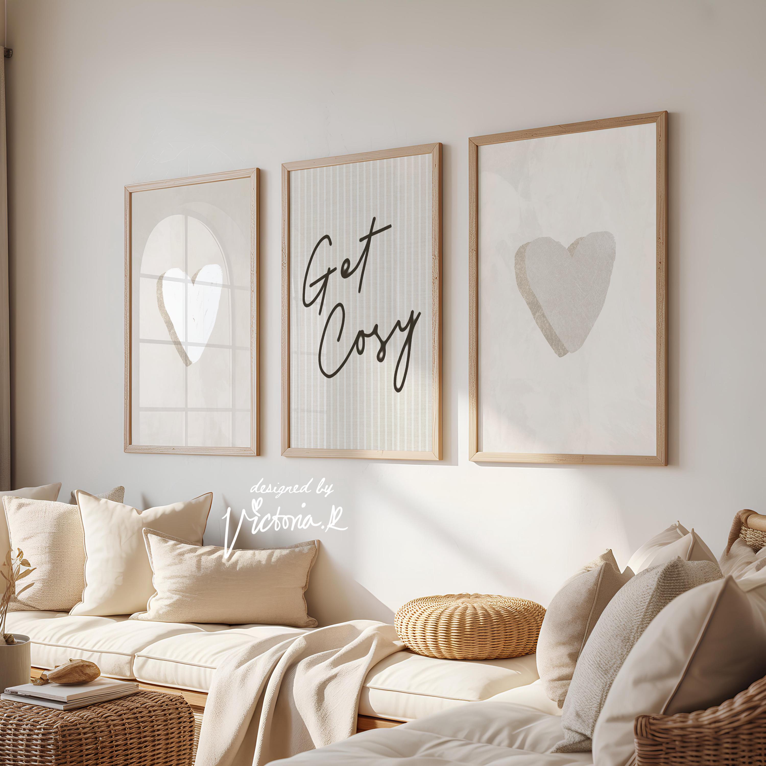 Neutral Beige Minimalist Prints: Set of 3 Stripe Hearts Wall Art ...