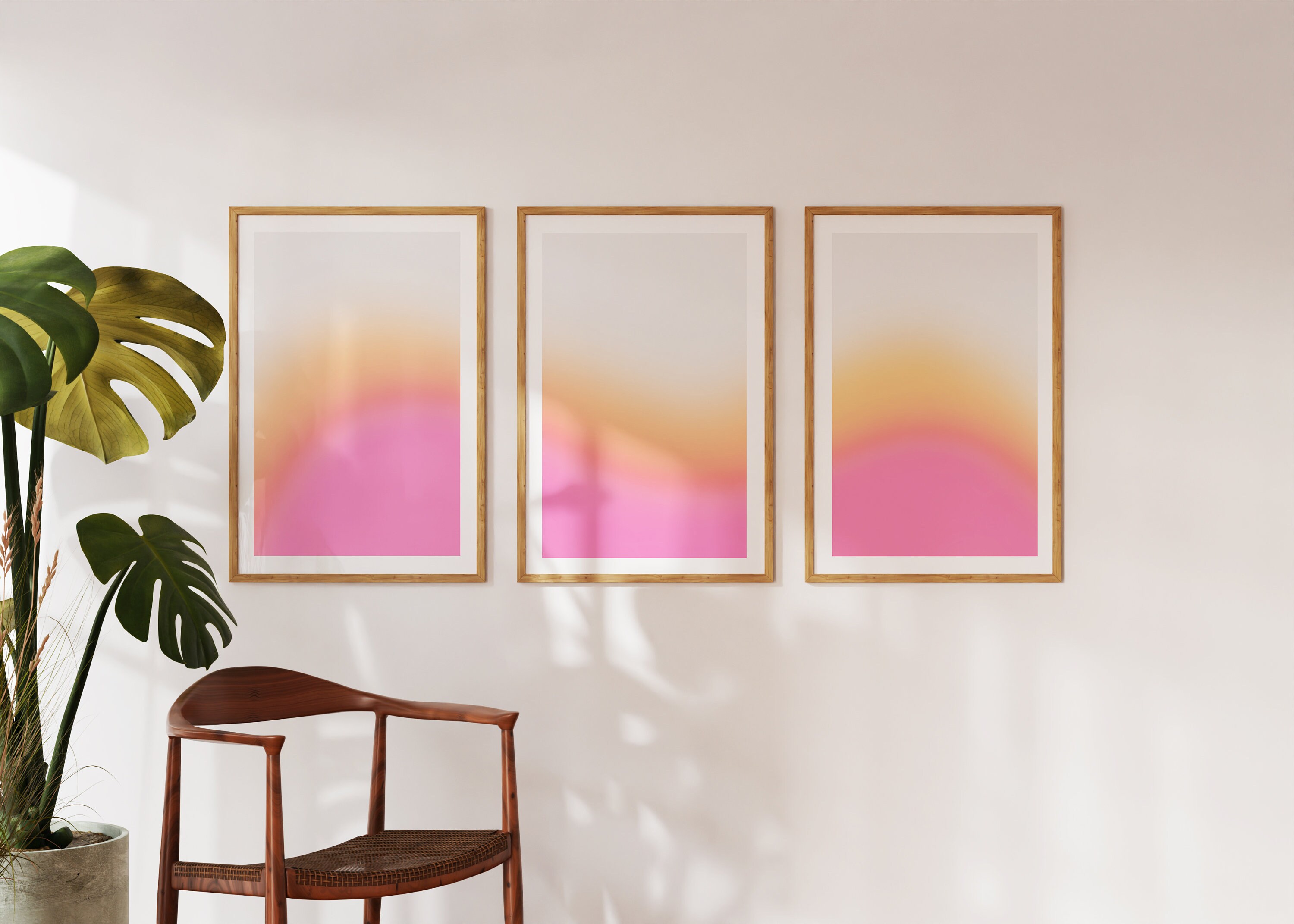 3-Piece Pink Orange Gradient Art Canvas Prints - Coquette Style Posters With Wooden Frame, Room Decor