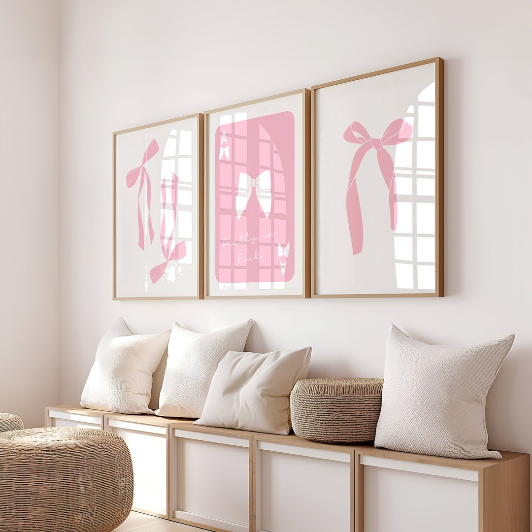 Set of 3 Coquette Cute Pink Bows Dorm Trendy Apartment Wall Art Prints ...