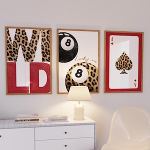 Set van 3 trendy rode luipaard sterren geluk 8 ballenprint, slaapzaal meisjes esthetische posters, cheetah dierenprint galeriewandset