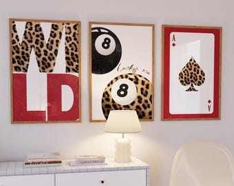 Set of 3 Red Leopard Trendy Star Lucky 8 Ball Print, Dorm Apartment Girls Aesthetic Posters, Cheetah Animal Print Gallery Wall Set