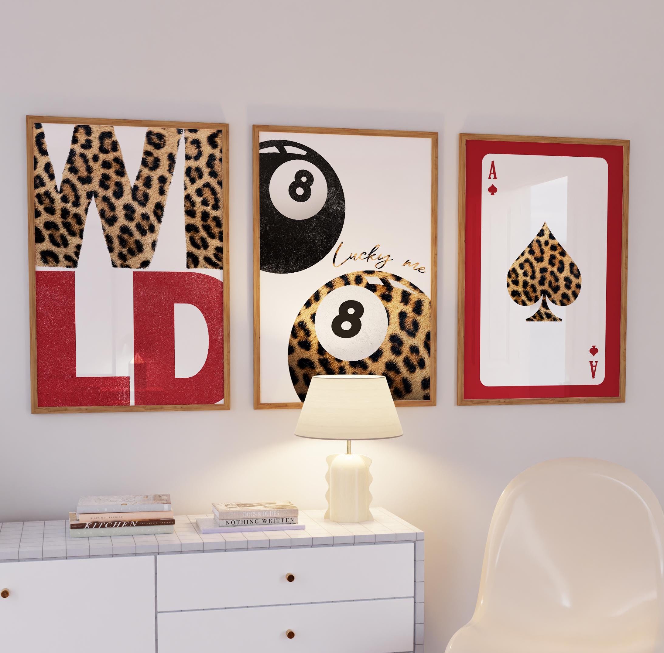 Set of 3 Red Leopard Trendy Star Lucky 8 Ball Print, Dorm Apartment Girls Aesthetic Posters, Cheetah Animal Print Gallery Wall Set